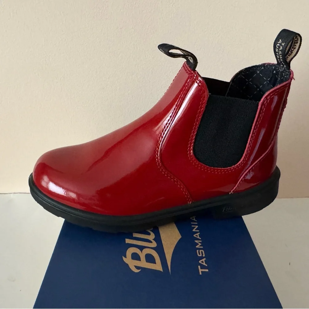 Blundstone Red Low-Heel Chelsea  shiny red patent leather boot. 2253. 3, 4